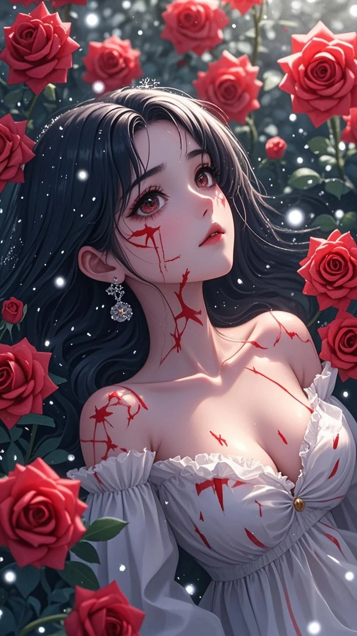 (masterpiece best quality:1.4), anime, 1girl, solo, black|red hair, long hair, sword, hands on hilt, weapon, white wedding dress, killing, laughing, crazy, blurry background, blurry, jewelry, long hair, solo focus, chain, bracelet, standing, bare shoulders, holding, floating rose petal, rose, blood, (bloodstain:1.5), long dress, choker, depth of field, soft lighting,