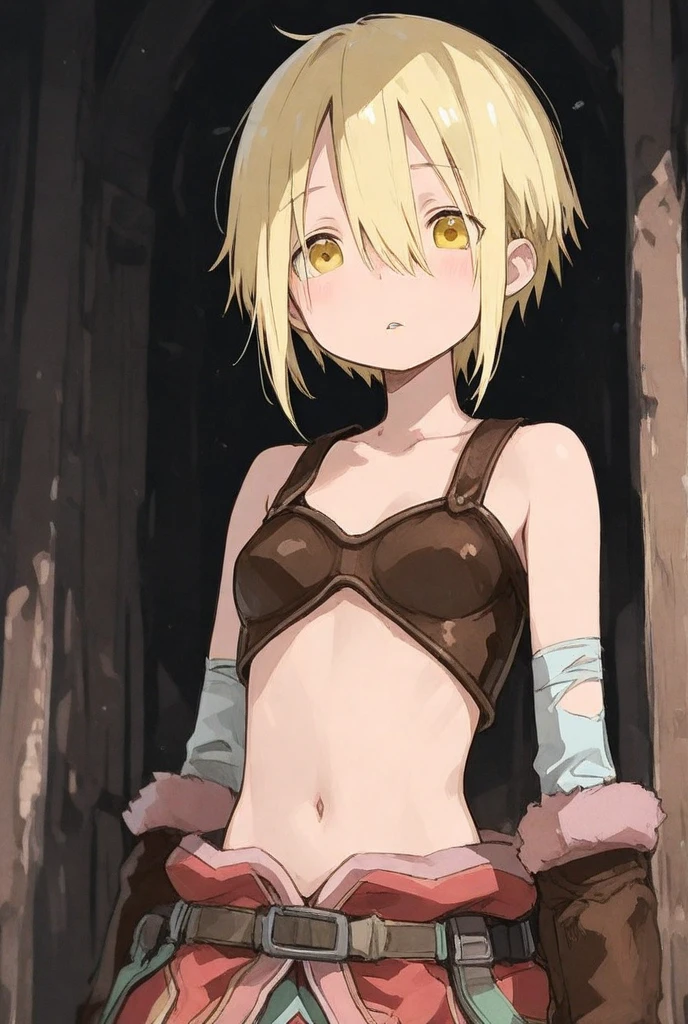A female survivor sitting on a stone in an apokalyptic wasteland facing the viewer, short platin blonde undercut haircut, strong tanlines, full slightly smiling lips, stupsige Nase. bright blue eyes. thin eyebrows, kleine Brust, lange Beine, freundlich, androgynous, worn and torn leather vest, ripped shirt, ripped short cutoff leather skirt, apocalyptic wasteland, dusty, some elctronic parts laying around