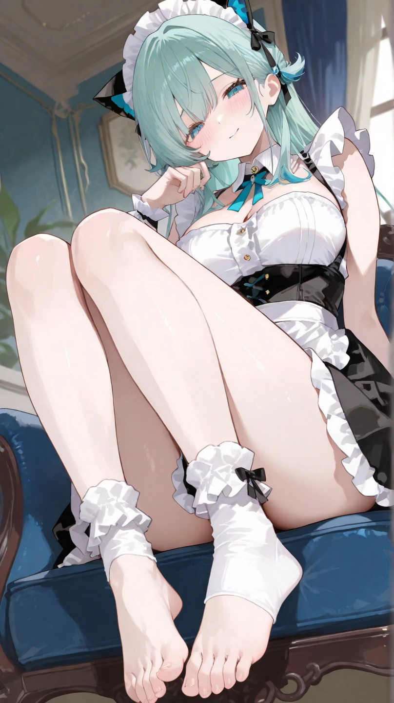 kaine \(nier\), 1girl, white hair, bandaged arm, bandaged leg, bandages, bangs, belt, black footwear, nipple cutout, black gloves, blonde hair, blunt bangs, bra, braid, brown eyes, collarbone, flower, frilled bra, frills, from side, full body, gloves, hair flower, hair ornament, halterneck, hand on own knee, high heels, leg belt, lingerie, looking at viewer, multiple belts, negligee, nier \(series\), short hair, signature, single bare shoulder, single braid, sitting, smile, solo, thigh strap, underwear, white background, white flower, (2heads)