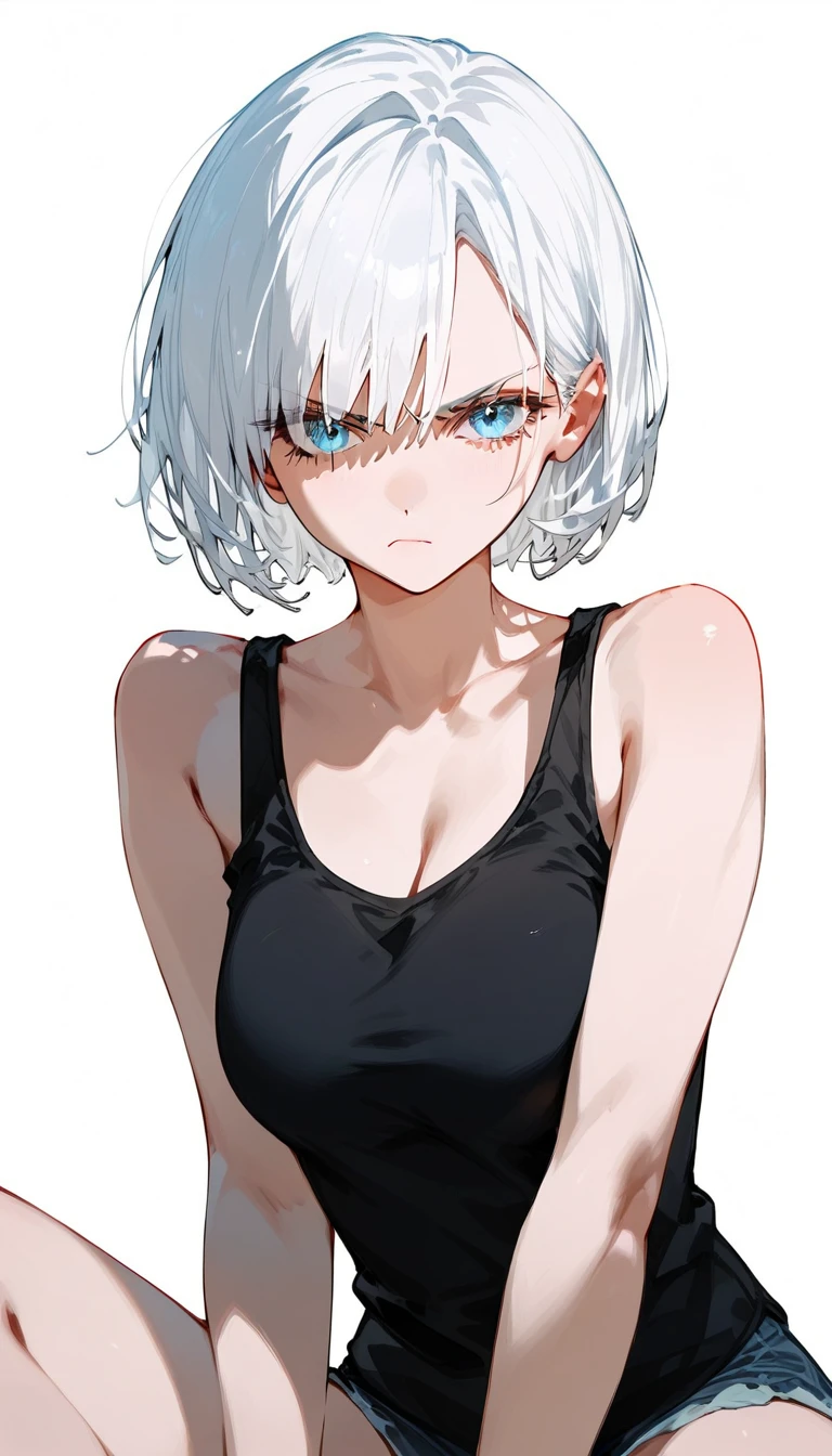 Anime girl, white short hair shaved in one side, black tired eyes, pale, black tanktop, cold stare