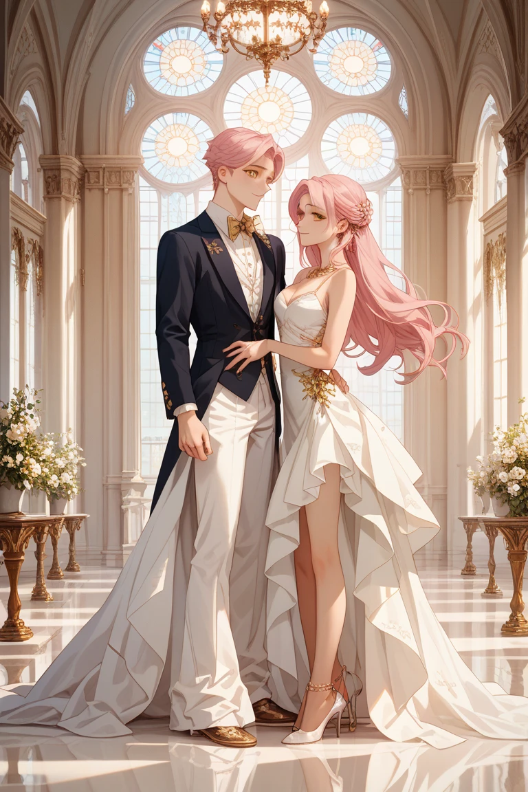 ((Highest quality)), ((masterpiece)), (detailed), (Perfect Face)、The woman, Lacus Ram Tao, is happily walking down the red carpet aisle, embraced by Orpheus, a handsome man with blue eyes, medium-long pink hair, and slightly longer blonde hair wearing a white tuxedo.、The woman is Queen of Accord, wife of King Orpheus of Accord, wearing a vintage wedding dress and wedding veil with gorgeous gold embroidery and trim, an engagement ring, beautifully decorated accessories, and gorgeous hair ornaments. She is named Lux Lam Tao and has medium-long pink hair.、Beloved wife of Orpheus, King of Accord