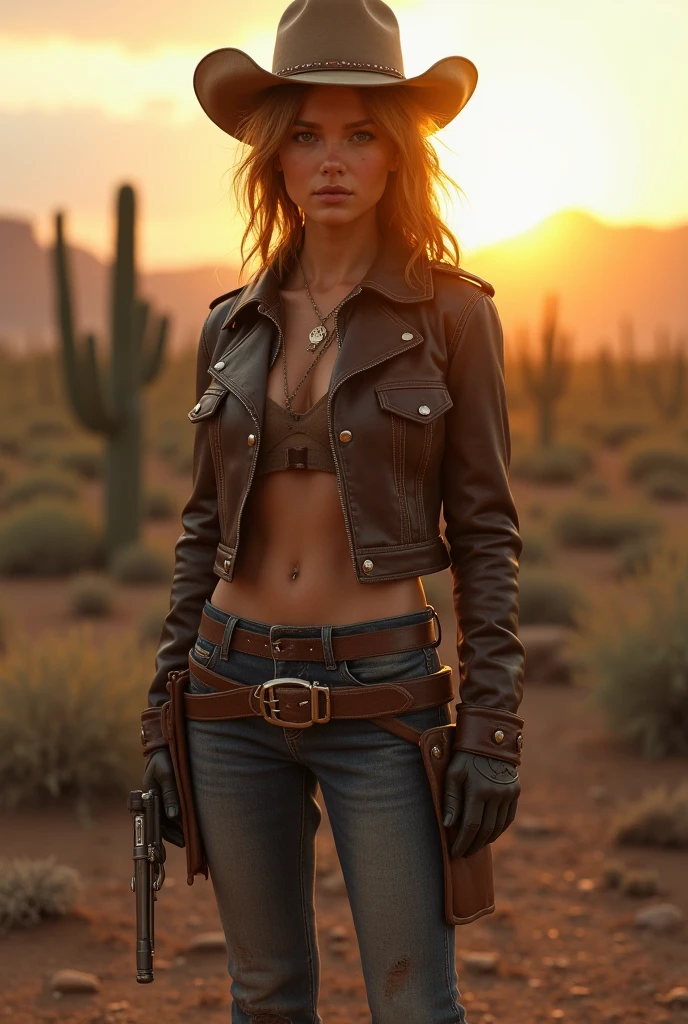 Blonde girl, her hand making the peace gesture with the index and middle fingers raised and separated to form a "V" shape, while the thumb, ring finger, and pinky are folded down. She is in a Mad Max outfit, post-apocalyptic style, with a punk hairstyle, in a Norwegian landscape. Realistic photo, dark and moody.