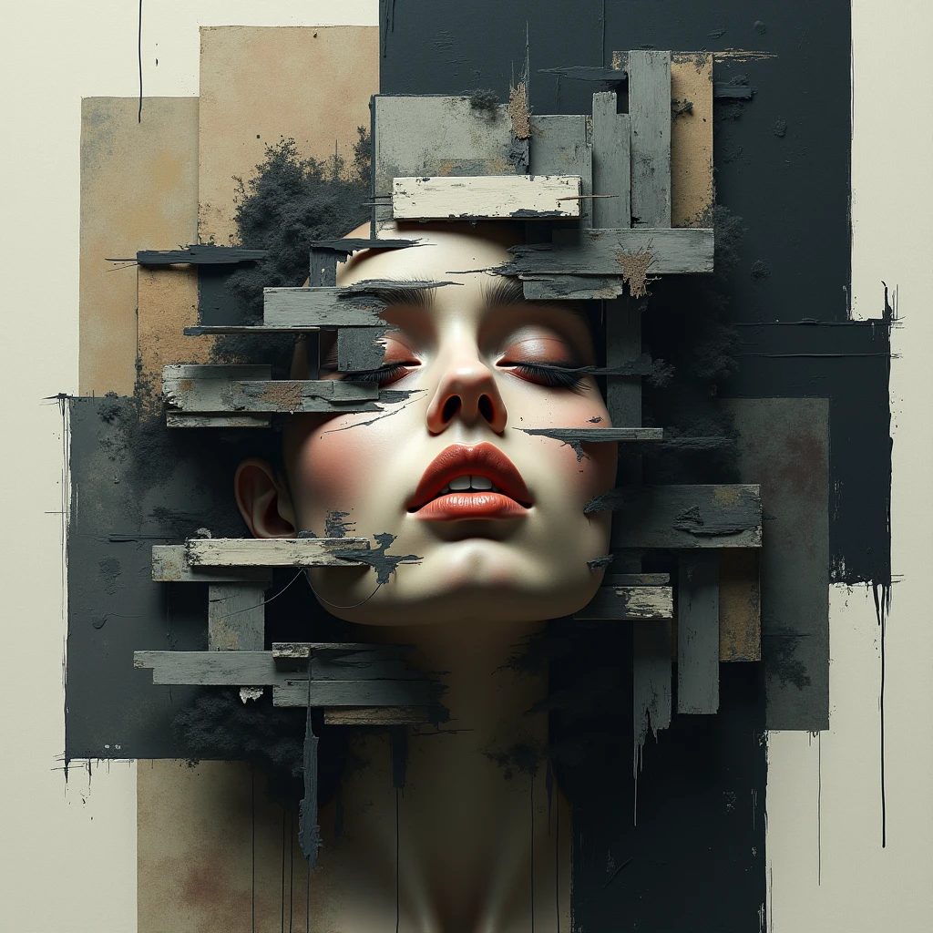 a painting of a woman's head surrounded by stranges things