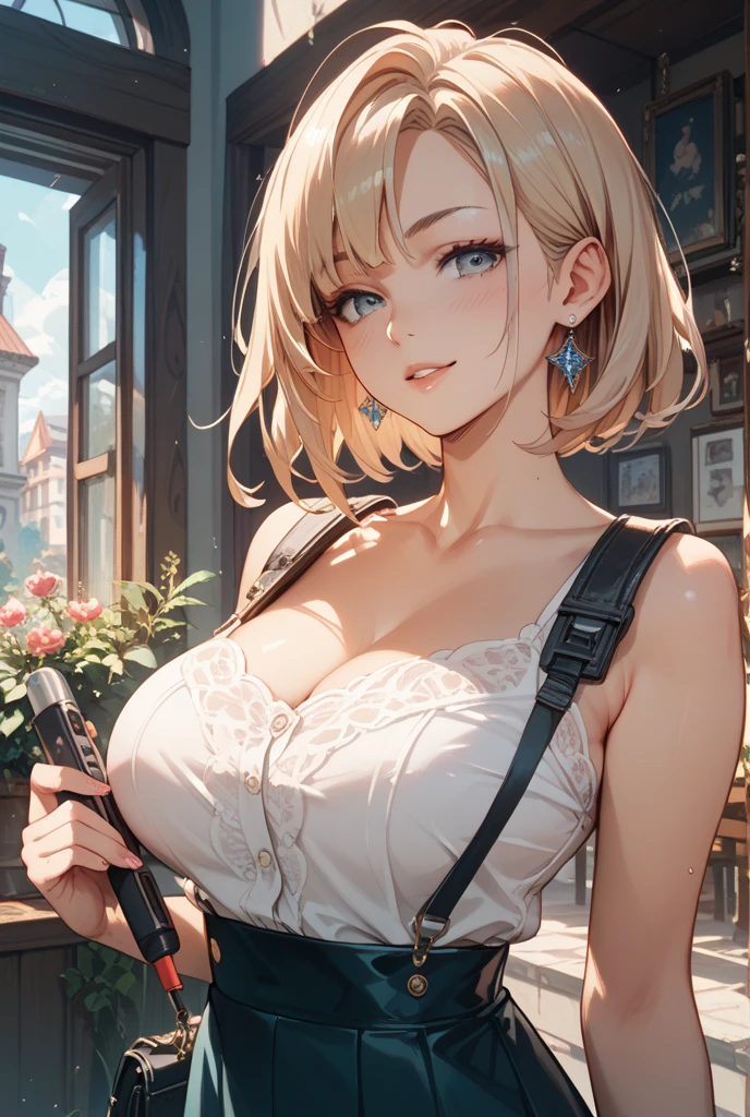 teens girl(masterpiece:1.4)、(in 8K、realisitic、Raw photo、top-quality:1.4)、One Japan、(Real Face:1.4)、(real looking skin:1.3)、超A high resolution、A hyper-realistic、beautiful finely detailed eyes、Blonde Bob Cut、Blue eyes、耳Nipple Ring、Off-the-shoulder clothing、high detailing、(huge-breasted:1.5)、cleavage of the breast、Blushing、Troubled look、gargantilha、Popular Korean Makeup、hand bag、to stand、bookshops