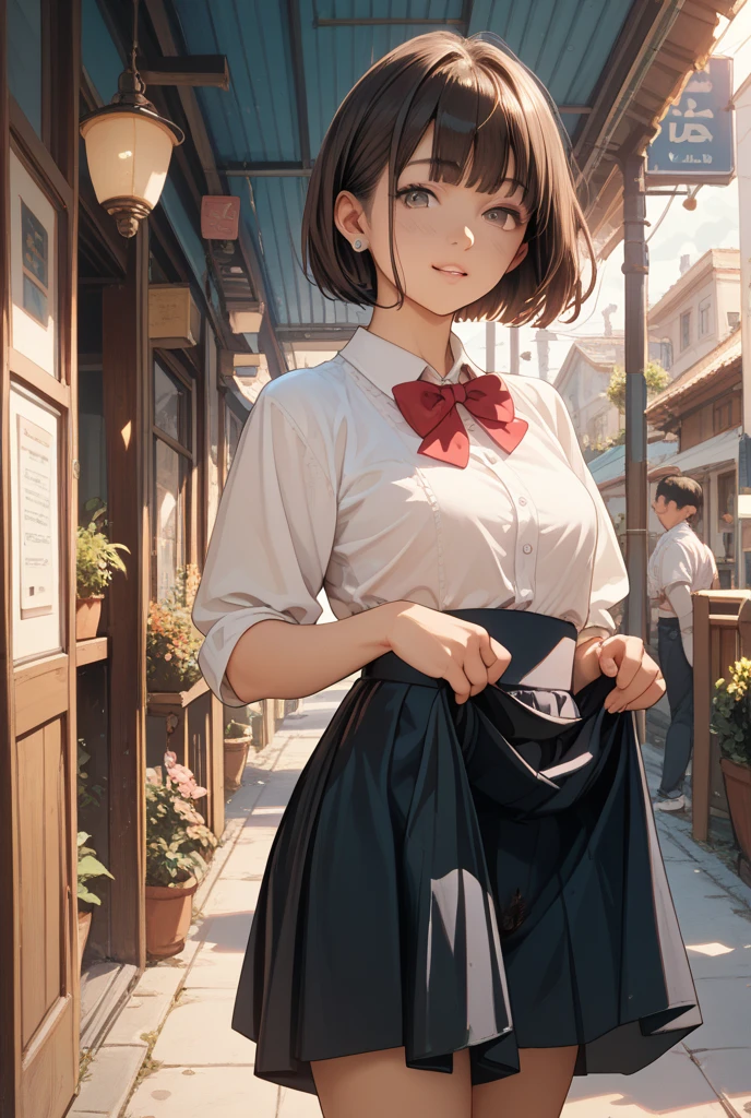 (8K, Highest quality, masterpiece:1.2), (SFW:1.3), (Realistic, photo-Realistic:1.37), Super detailed, 1 Girl,cute, alone,Beautifully detailed skies,Detailed Cafe,night,Sitting,Date,(Red nose),(smile:1.1),(Mouth closed) Medium chest,Beautiful attention to detail,(Collared shirt:1.1), bow tie,Pleated skirt,(short hair:1.2),Floating Hair