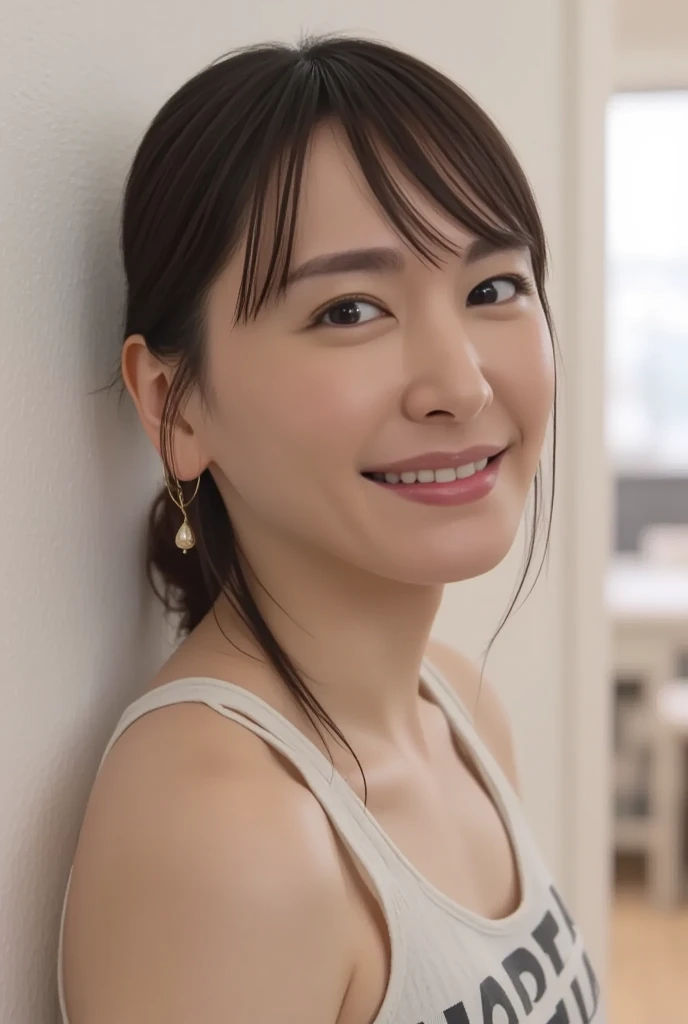 beautiful mature 55 year old japanese woman, married woman, delicate features, long eyelashes, sparkling eyes, low ponytail, red lipstick, rosy cheeks, smiling, elegant, colorful high-cut swimsuit, cleavage, nsfw, wallpaper, portrait