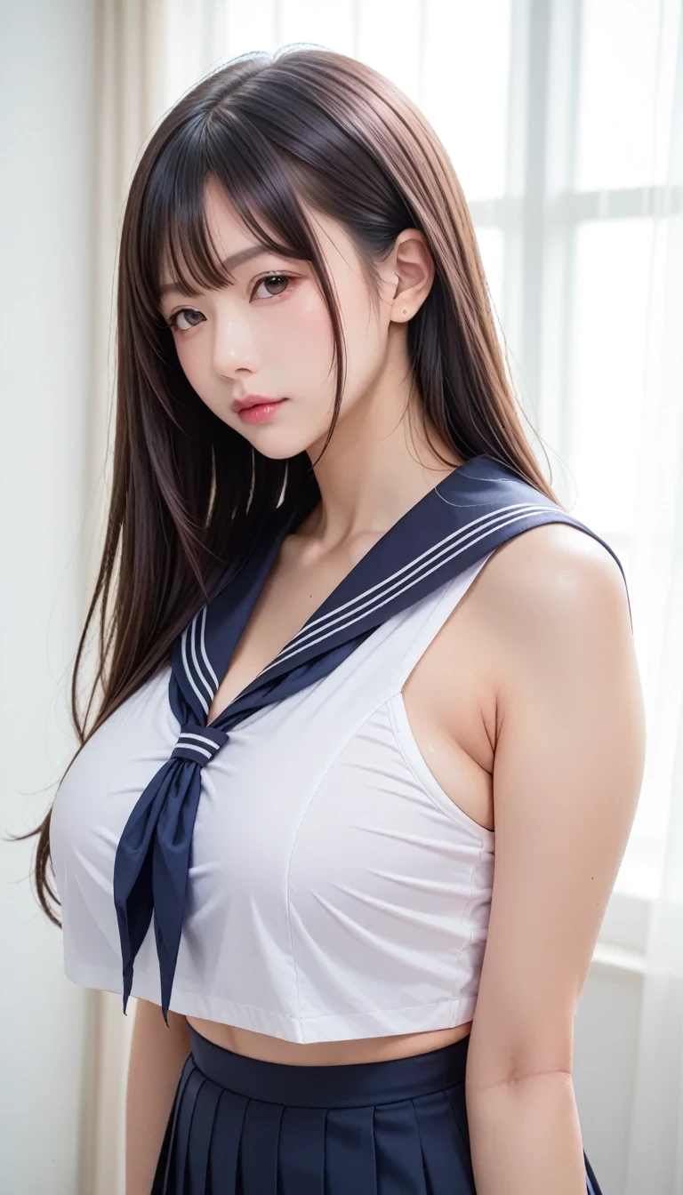 One Girl, Beautiful girl with beautiful details, Highly detailed eyes and face, Look at me, Open your mouth a little, Laugh shyly, Beautiful thighs, RAW Photos, (Highest quality:1.2), 8k, Attention to detail, High resolution, Highest quality, High resolutionの生のカラー写真, Professional photography, Cinematic Light, (Beautiful Face:1.2), (Beautiful :1.2), (Sailor suit with a wide open chest:1.5), Beautiful breastsートから白いI can see her panties:1.5), ee your crotch , room, (I can see her panties), Depth of wroundary, (View from below),