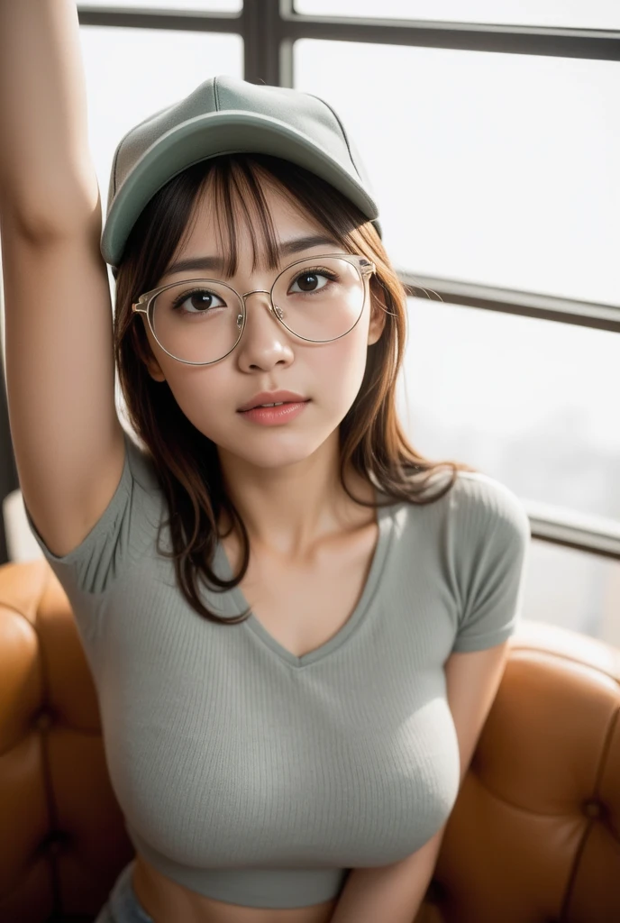 masterpiece, best quality, highres, 1girl, shirt, naked shirt, shirt tug ,(glasses), large breasts,  breasts, <lora:shirt_tug:0.6> ,<lora:japaneseDollLikeness_v10:0.6>