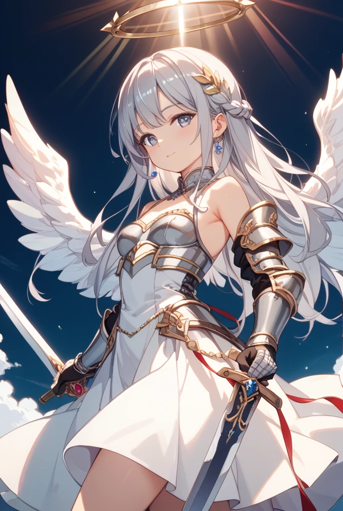 Fantasy, 1angel_girl,, ,, Moderate_Bob_hair, length_front hair, Hello,just_shoulder,Knee socks,Silver_armor, Waist_armor, big_chest,anger,smile, 1pair_wing, dynamic_ Pause_Finding,floating, just_share, headgear,Gauntlet, Shin Guards,city_null_background,Slightly_Spread the word_foot, alone, Share_naked,(masterpiece, highest quality, highest quality, Official Art, beautifully、aesthetic:1.2), (1 girl), Very detailed,