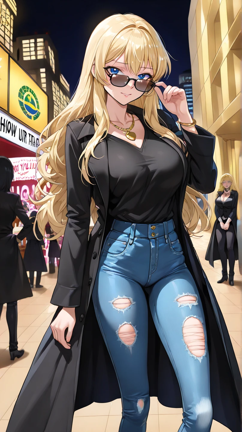 , 1 girl, ahoge, alone, Minami Fuyuki, blonde hair, long hair, purple eyes, looking at viewer, smile, (blush on nose: 1.2), white shirt, tank top, neckline, black coat, open coat, tight blue jeans, outdoor, street, walking, night, urban lights, good lighting, thick thighs, nsfw, (from below: 1.2), uncensored, (high resolution: 1.2), (ultra detailed: 1.2), [ high dynamic range lighting], (masterpiece: 1.3), (best quality), high quality intricate details, (extremely detailed CG unity 8k wallpaper: 1.2), best shadow, (extremely detailed fine touch: 1.2), (high resolution), (4k), (pixiv), perfect face, pretty eyes and face, (super detailed), detailed face and eyes, textured skin, absurd, high resolution, deep skin, perfect anatomy, perfect hands, big breasts , medium waist, wide hips, medium thighs