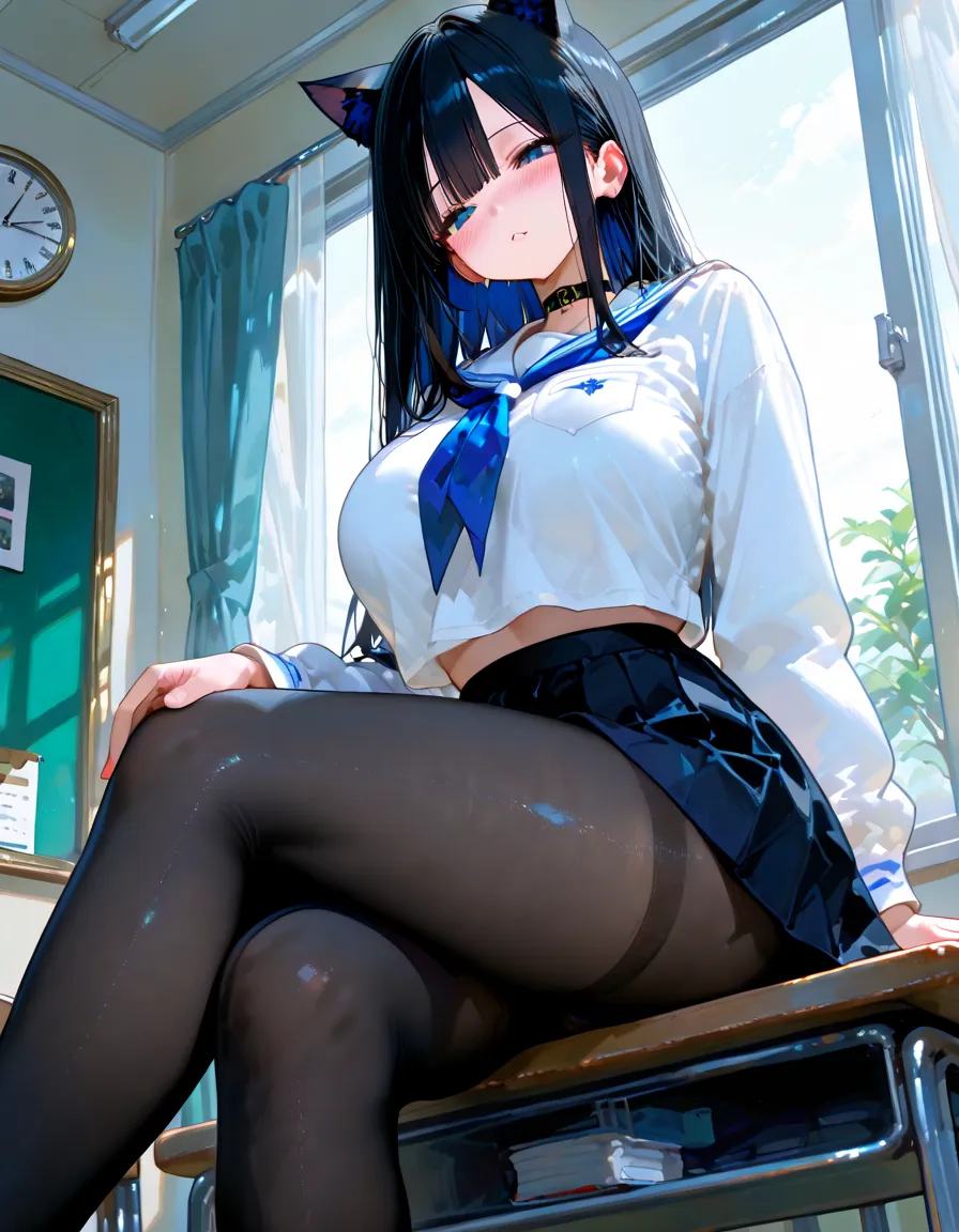 1girl, solo, detailed face, , , long hair,,,indoor,,looking viewer,side ponytail,medium breasts,,classroom,miniskirt,necktie,blazer,grin,teeth,,(nsfw,,black thighhighs,sitting,,open legs,spread legs,(white panties)