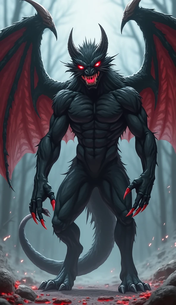 depth of fields, lighting perfect, light particles，（best quality), (masterpiece）, (ultra - detailed, Sharp focus, light particles, inij，red fox male,  black demonic markings,  opposite ageature temperament，demon horns  ,  demon wings,  eyes，red-eyed，hairy chest，Animal_Ear_vellus hair，Crossed waist with one hand,  rays of sunshine，City，Mysterious smile, two penises, double penis, Naked,