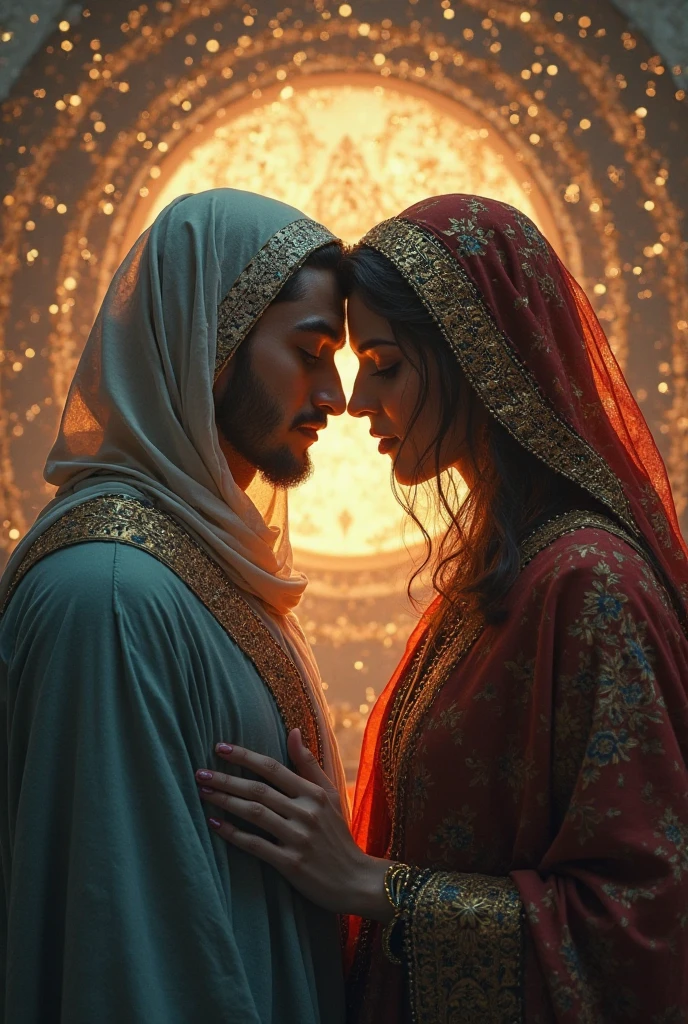 Sexy young lady in hijab romance with a handsome hot man wearing kurta pajama in Arab side realistic