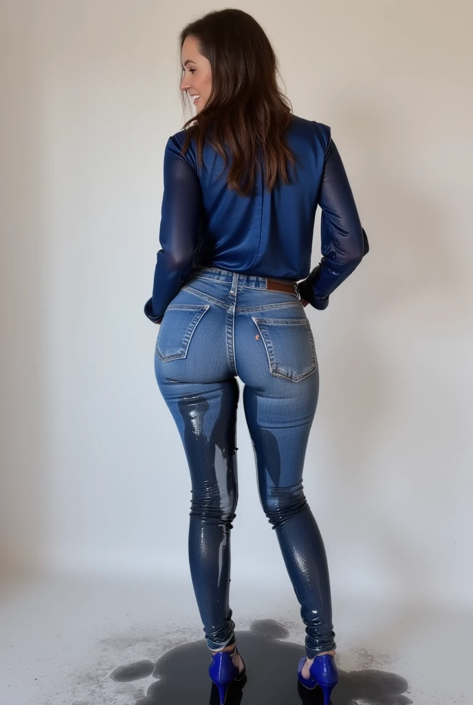 (pp clothes), side view, soccer mom, black hair, bangs, goth, Beautiful woman in skinny jeans,Plump buttocks,The back is charming,Full body photo receding into the distance, tattoos, piercing
