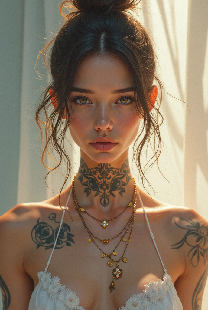 Photorealistic, high resolution, Soft light,1womanl, Solo, Hips up, (Detailed face),tattoo, jewelry, t-shirt with rough chest, Beautiful soldiers, Grab the audience's eye, Lover's perspective, Invitation expression, Sexy smile, Perfect style, Perfect balance, Detailed skin, mischievous gaze, chest visible