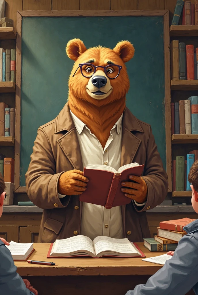 a bear studying with several children