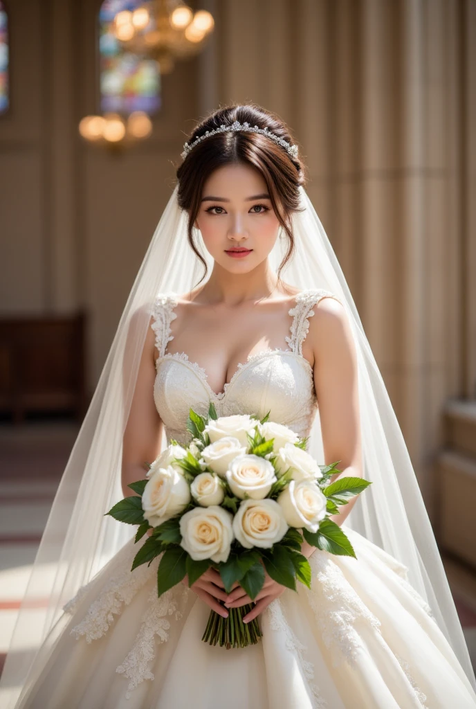 masterpiece:1.2, Highest quality), Realistic, (live-action, Intricate details, Depth of written boundary), (One girl, alone), compensate, Lips parted, Very detailed, Perfect Face, (Skin Dentition), Feminine waistline, Narrow waist, expensive, ふんわりとしたsexyな唇, Glossy coral lips,, (Girl in wedding dress holding flowers in hand )), sexy, blush, Mikasa from AOT