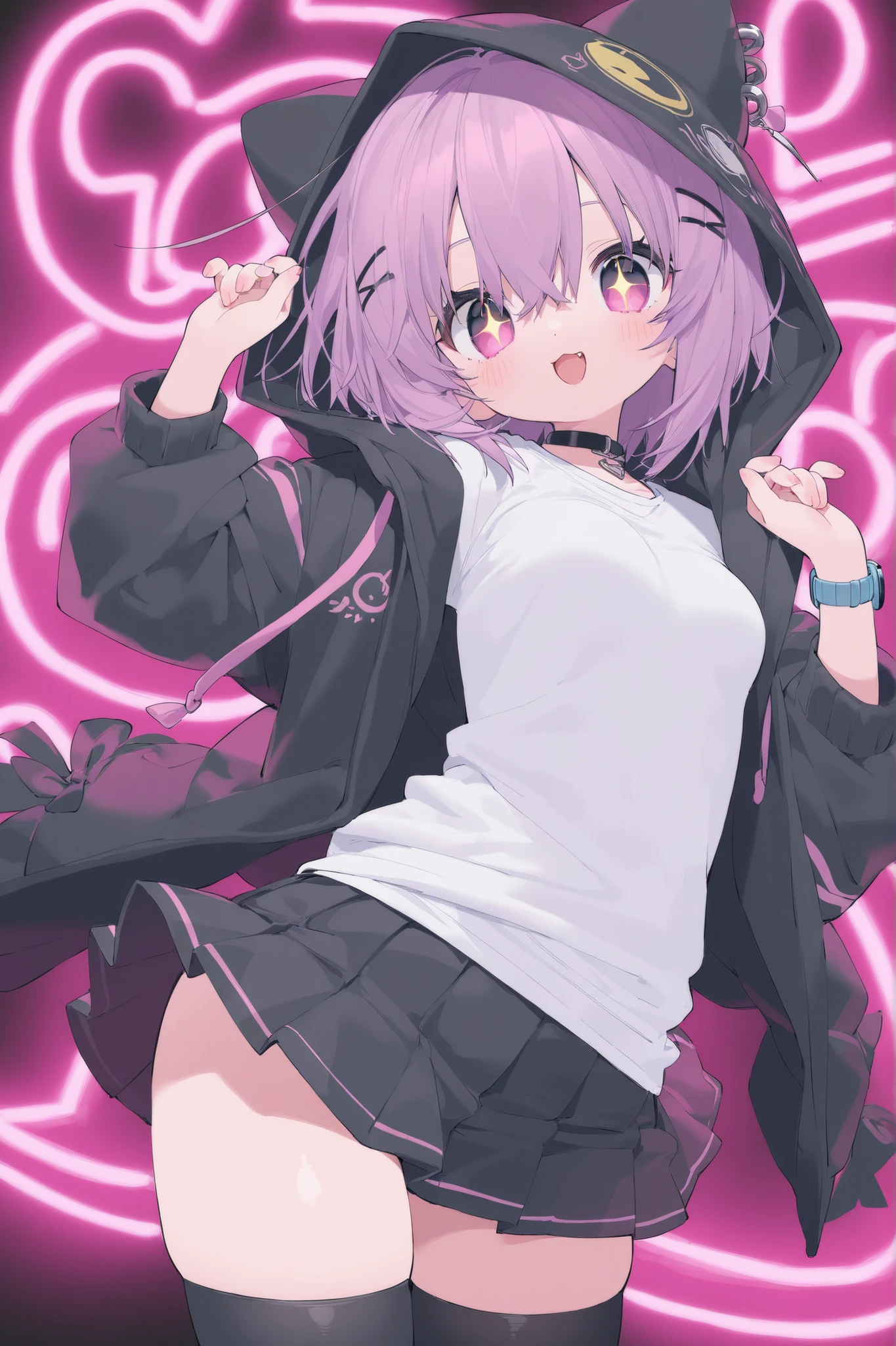best quality、Highest Quality、8k、Highly detailed CG、dynamic angle、cowboy shot、Neon Light Sparkling Cyber Nightclub、Illuminated sign in the back、standing、Watch here、Beautiful Girls,1 cute girl、 cute pose with both hands 、Naughty hip swing dance、 random leg position 、cute accessory、black open hoodie 、white t-shirt、、Soft looking big breasts、I'm wearing a hoodie hood、Highlight healthy thighs、Very short black pleated mini skirt、black thigh high stockings、Stylish punky clothes、