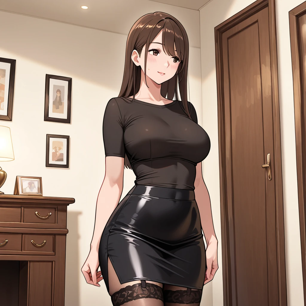 one female with short ponytail brown haircut, wearing short skirt and tube top, thicc, alone, solo, (ALONE)(SOLO), showing cleavage, facing forward, looking at me, looking forward
