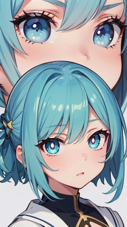 1 girl, One, Upper body,
blue hair, long hair,
blue eyes, long eyelashes, Thick eyelashes, Looking at the viewer, takes a selfie on the phone, lush breasts, big breasts, 
blue top, black border, simple background, confused