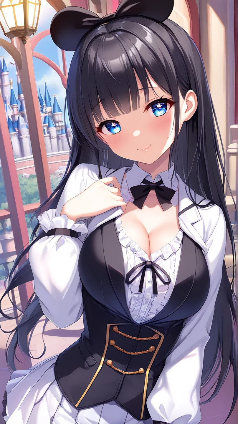 masterpiece, best quality 1girl, solo, beautiful woman, bangs, black hair, very long hair, him cut, dark blue eyes, deep blush, grin, medium breasts, playboy bunny outfit, nothing but an open white blouse, holding her breasts, looking at viewer, bedroom background
