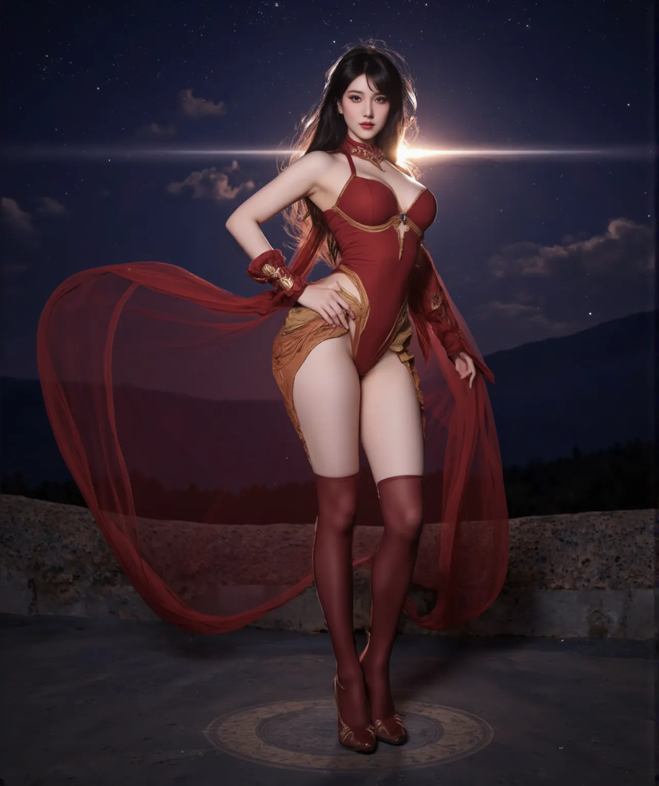 Hitomi Tanaka as a female sorcerer in a violets minimal sexy outfit is calling down the power of the sun and moon to make you love her. Magic in air. Lewd Poses