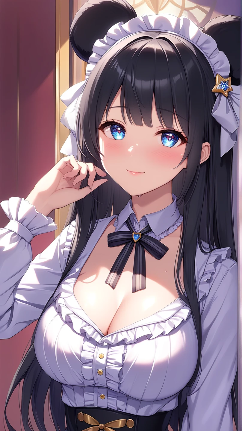 (8k、Highest image quality、best quality、masterpiece)、2 girls、kiss,Sticky,Face to Face,love,Maid costume,Panting,Extremely detailed facial details, handcuffs,Collar,Calm expression,Red lips,Sweet smile,Black long hair, Charming blue eyes, Fox ears, Ridiculously big, glowing skin,Dining room