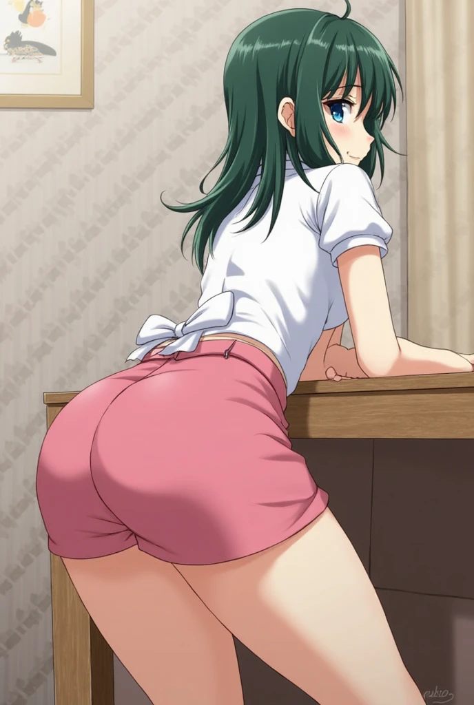 score_9, score_8_up, source_anime Bibl3, milf, housewife, green hair, short hair, huge breasts, wide hips, viewed from front, standing in living room, sex from behind, hand on ass, standing doggy position, soft smile, open mouth, looking at viewer, talking on phone, empty eyes, white blouse, bottomless, trimmed pubic hair, wet pussy, detailed pussy, cum in pussy, creampie, cum dripping from pussy, full lips, vivid lips, detailed eyes, detailed face, pretty woman, morning