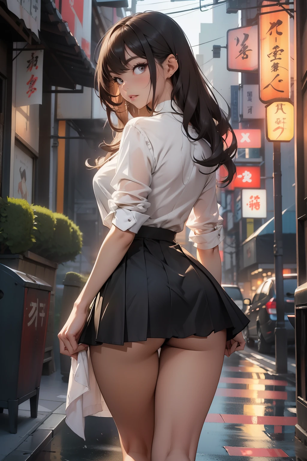 woman,,,city,night,(((white and blue tight miniskirt bodysuit))),,open mouth smile(())(See-through),(()),((Satin Nariko)),blush、surprised face,((())),((look back))wet with sweat
