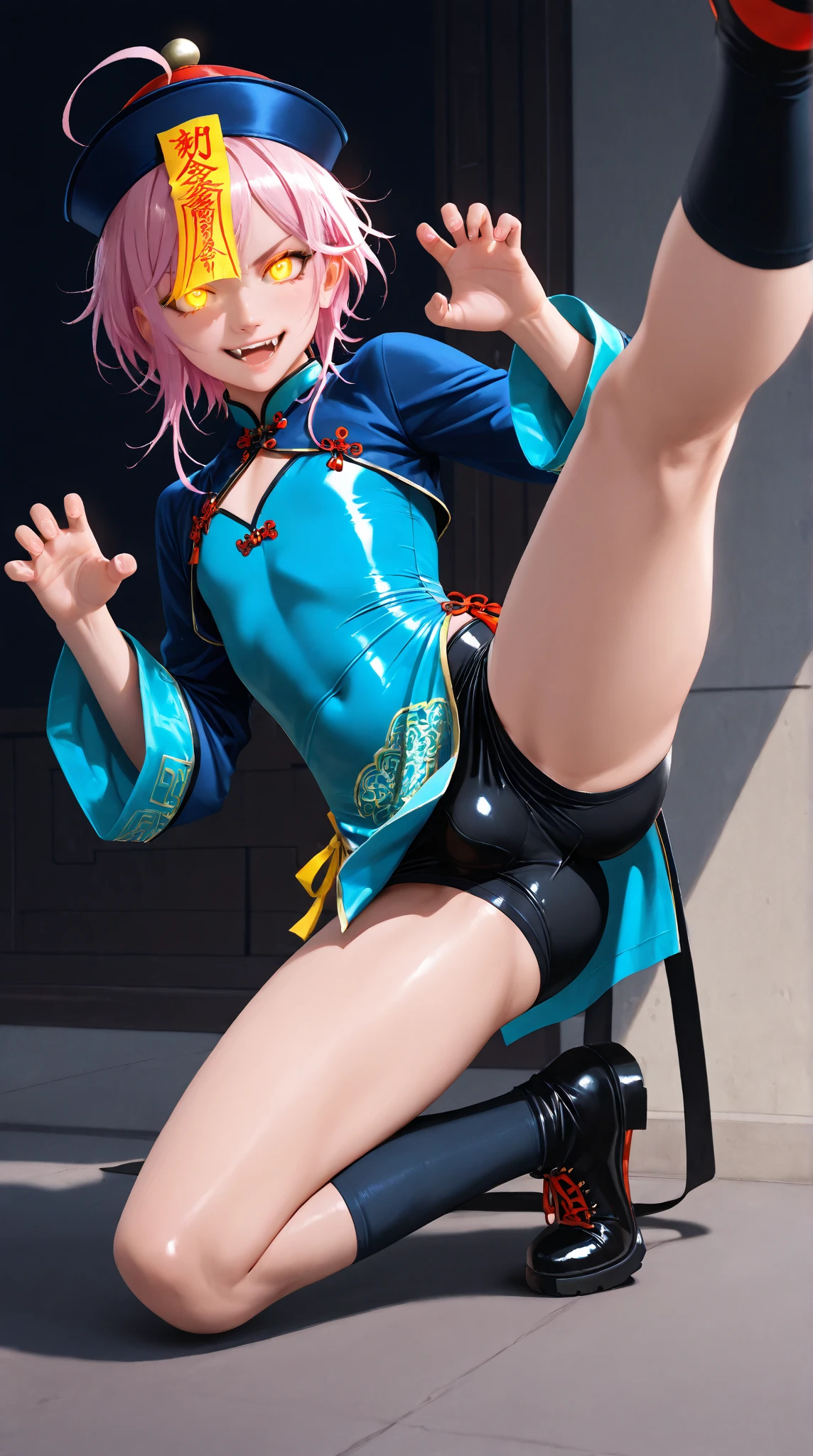 ((Best Quality)), ((masterpiece)), (detailed), head, blue cap, blue blouse, (super short pleated skirt:1.2), (mini skirt:1.2), mesh gloves, mesh stockings, black sneakers (High heels), White shirt, (Short shirt: 1.1), pink scarf, Underwear focus, (((Highlight NSFW))), ((Highlight red hair, curly, long)), from below, skirt in the wind, high kick, Underwear shot: 1.2, crop top overhang, perfect white underwear, bright Eyes, Precise teeth with spaces, (beautiful and delicate eyes: 1.2), accurate anime girl face, there is no floor, lack of land, precise anatomical hand, brown square backpack, banda para la head, bracelet,