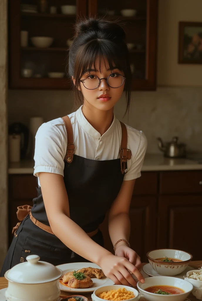 ((Highest Quality、masterpiece、high sensitivity、high definition、detailed depiction、depicting a delicate face、Fvalue:6.0),((Slender Woman、wearing glasses)),maid clothes、 apron skirt 、high socks、Arrange meals on the table、