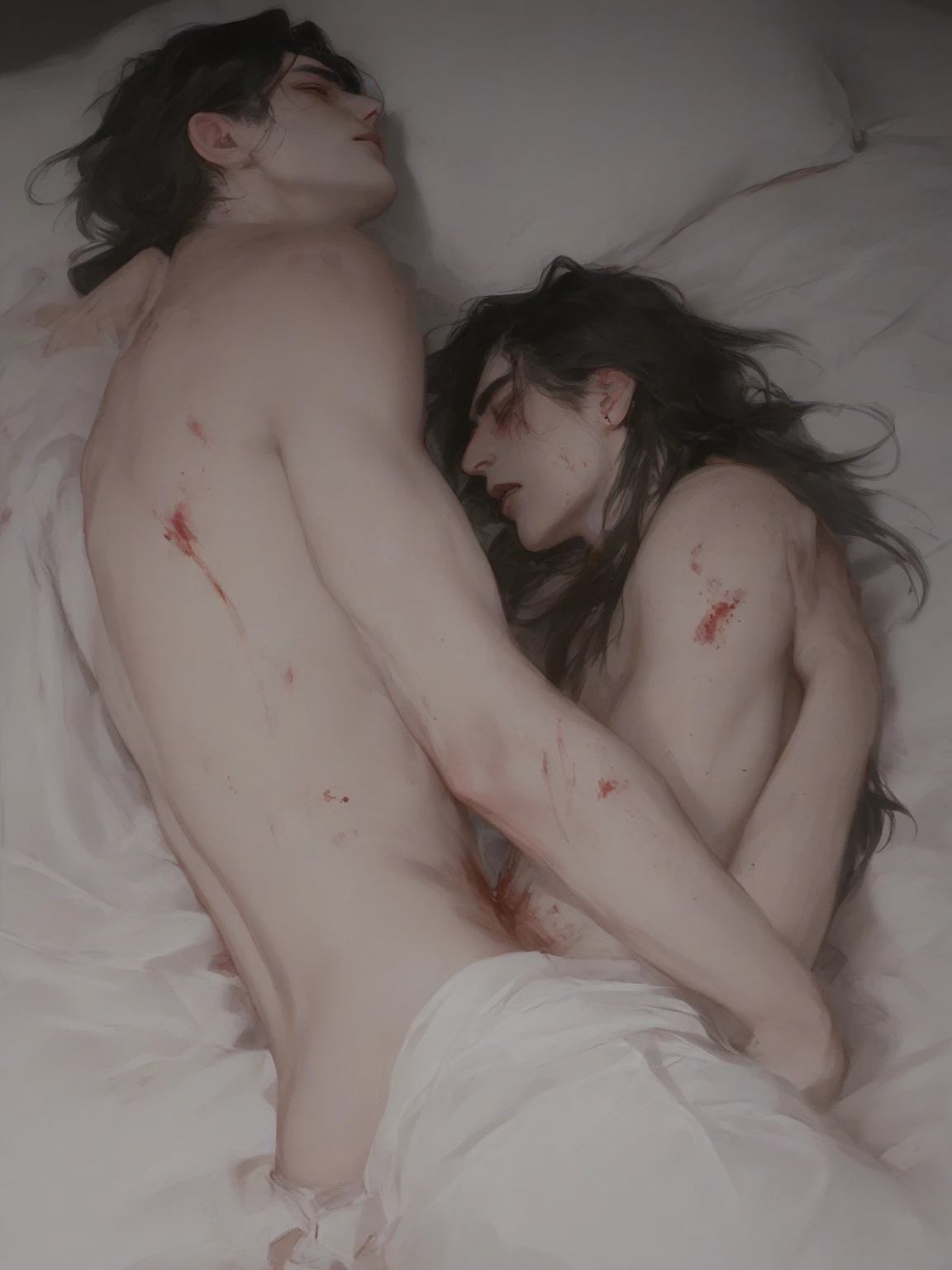 Nude, flat chest, pussy juice, pussy, feet, red head, horns, touching her, scar, blood from pussy