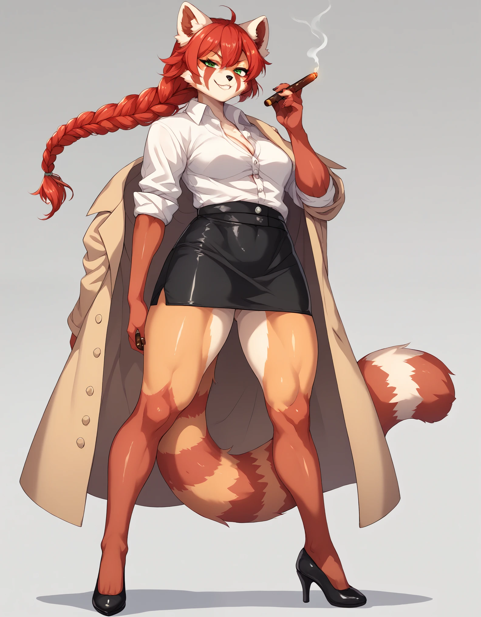 Solo, Score_9, score_8_up, score_7_up, kemono style, Kimiko, An Anthro furry red panda girl, red furry body, red panda tail, , black nose, red hair, braided hair, majestic, long legs, athletic arms and legs, green emerald eyes, toned legs, toned thighs, mid angle shot,, smug smirk, tan rain coat, investigator coat, long coat, loose tie, white dress shirt, opened buttons, rolled up sleeves, right arm steel gauntlet, visible legs, black skirt, black leather heels, armor on heels, knee guard, masterpiece, detailed face, coat fluttering in wing, coat loose around arms, holding cigar