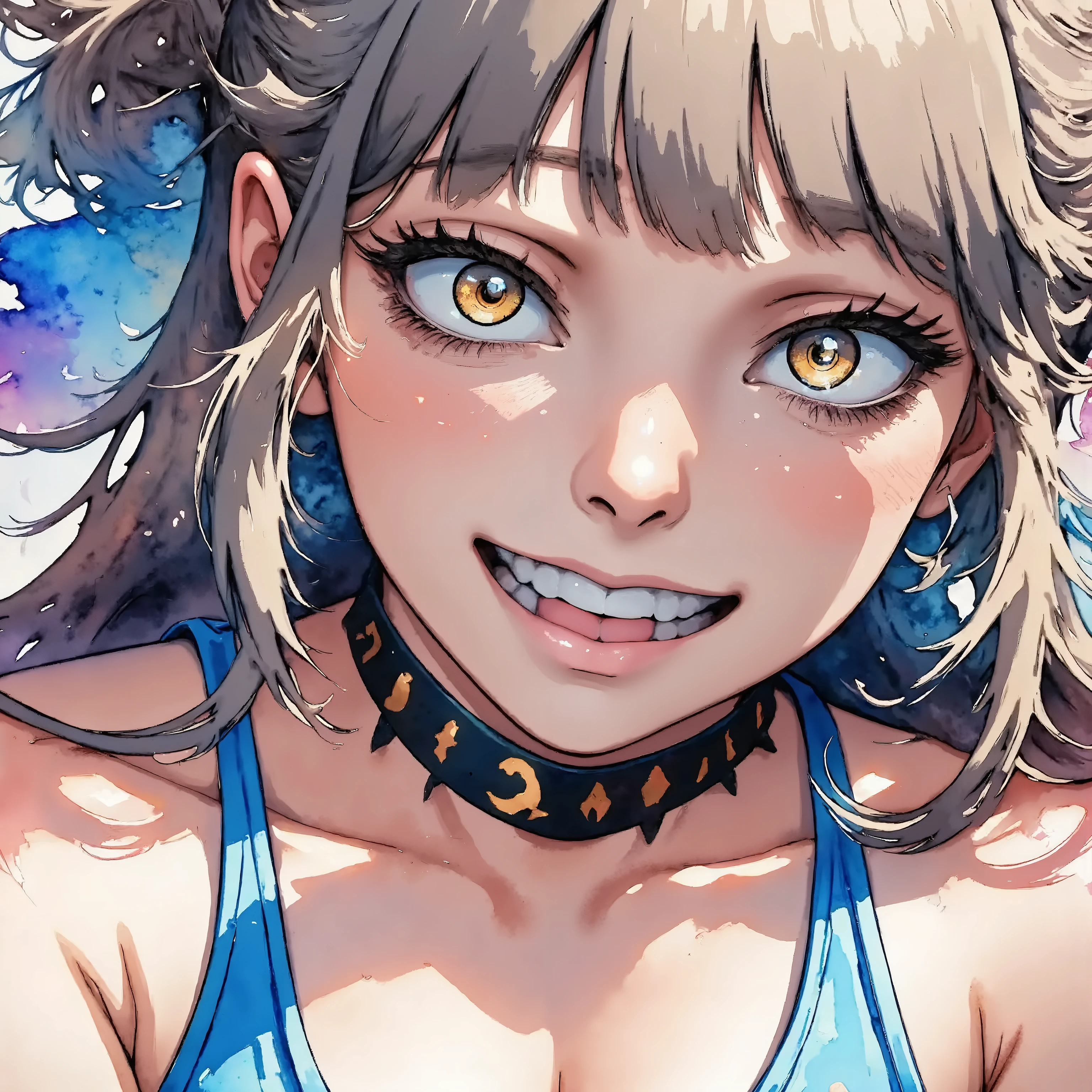 himikotoga1x is in her villainuniform and She leans against the wall ,(portrait, extreme close-up shot : 1.2),(watercolor style, extreme close-up shot :1.2),(1980’s anime style), a shadowy open mouth and smile,illustration