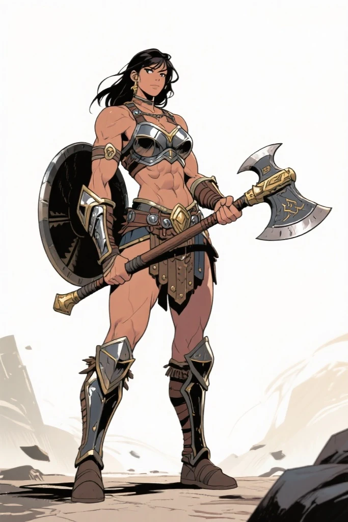 "high quality, strong and fierce barbarian with boots with dark brown skin, long hair, well-defined muscular legs and large hips" ((fullbody)) (((barbarian armor))) (solo)