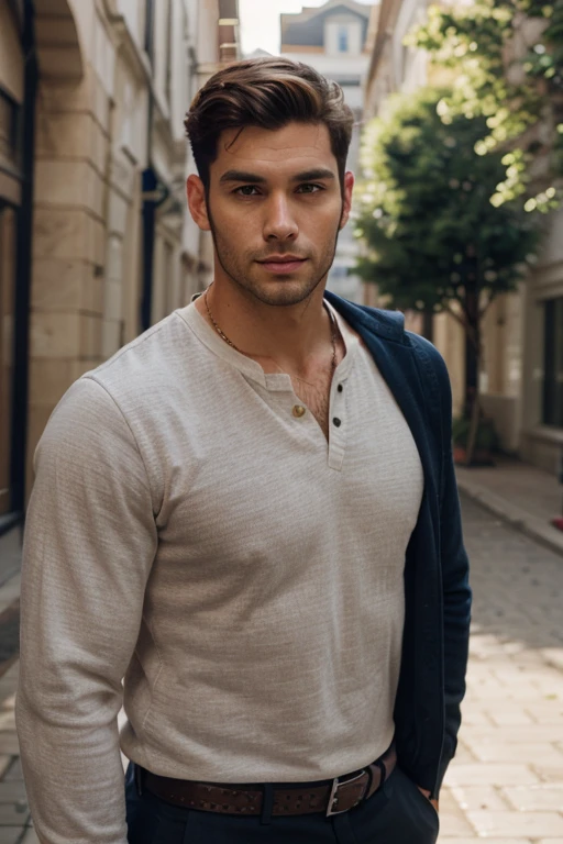 Male stubble beard brown handsome green eyes thin middle curly hair classy dressed casual badass skinny in black clothes smirking