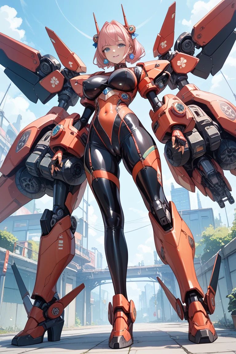 Very beautiful girl, 1, Revealing outfits, Black bikini-style racing suit, red and black boots, High leg, micro, Very beautiful breasts, View here, Grin, Standing in front of a sophisticated bipedal robot
