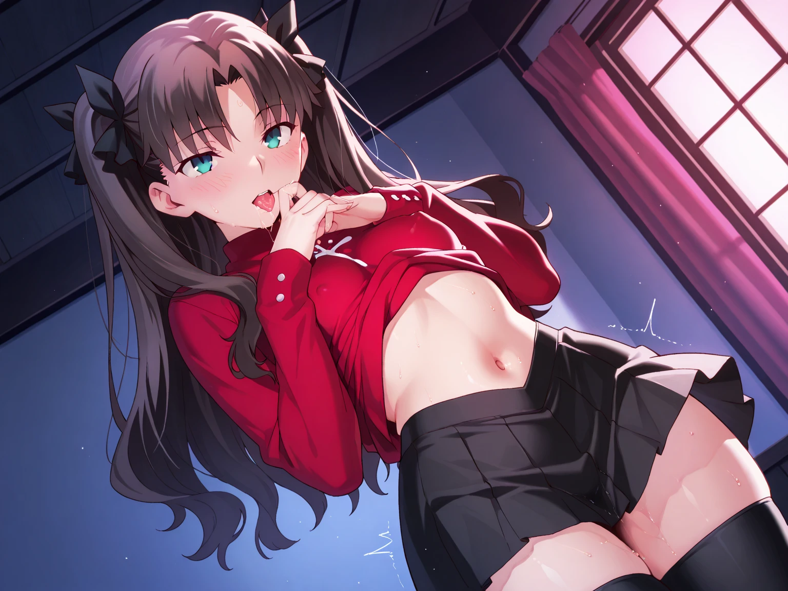 (anime, solo 1 mujer),  hiper detalles, todo el cuerpo espalda vista lejana, Sohara 3D Render Mitsuki is a 20-year-old anime woman with brown hair tied back with a red ribbon. Sus ojos son del mismo color que su cabello, (Ella lleva una camiseta blanca ajustada de micro tubo desabrochada), desvestida si acaso (mini tanga medio puesta),  mini Lycra azul claro ajustado, Sus medidas son: Altura: 158 cm, Peso: 49 kg 92 59 90. Dynamic back posture, cara coqueta, arte, Japanese-style wall background ,,Megumin, kono subarashii sekai ni shukufuku wo!,pandballgt, 1girl, ojos negros, cabello negro, pelo corto, orange neckerchief, pants, guantes sin dedos, camisa roja, Recortar arriba, girl woman