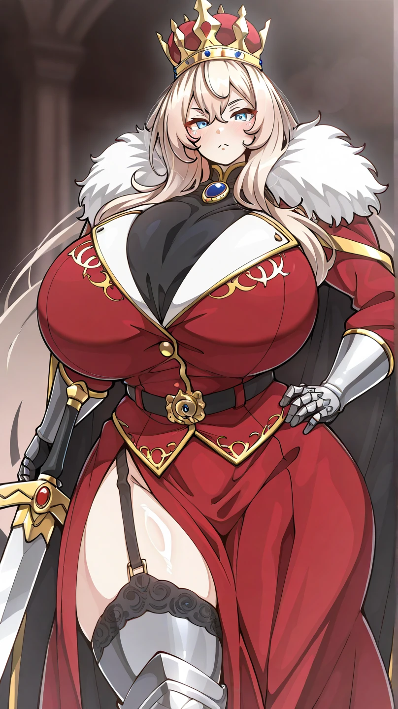Masterpiece, (flat black background:1.2) solo, detailed face, intricate iris, thick lips, robot girl, (gold and white skin), realistic illustration of a (cyborg girl), (RED eyes), IvoryGoldAI, (freckles),(holding BREATHTAKING:1.2), (gold and white armor:1.2), (looking at viewer:1.2), parted lips, standing straight symmetrical, looking at viewer, lustful smirking smile face red blushed red cheeks, thick thighs, thigh highs, thigh, boots, armor, armored boots, full body armor, bikini armor, big breastplate, pauldron, bracers, leather black choker, tiger claws gloves, short bob white haircut, helmeted, metal shoulders, red long loincloth, longest blue cape reach to the waist, shackles and chains wristbands