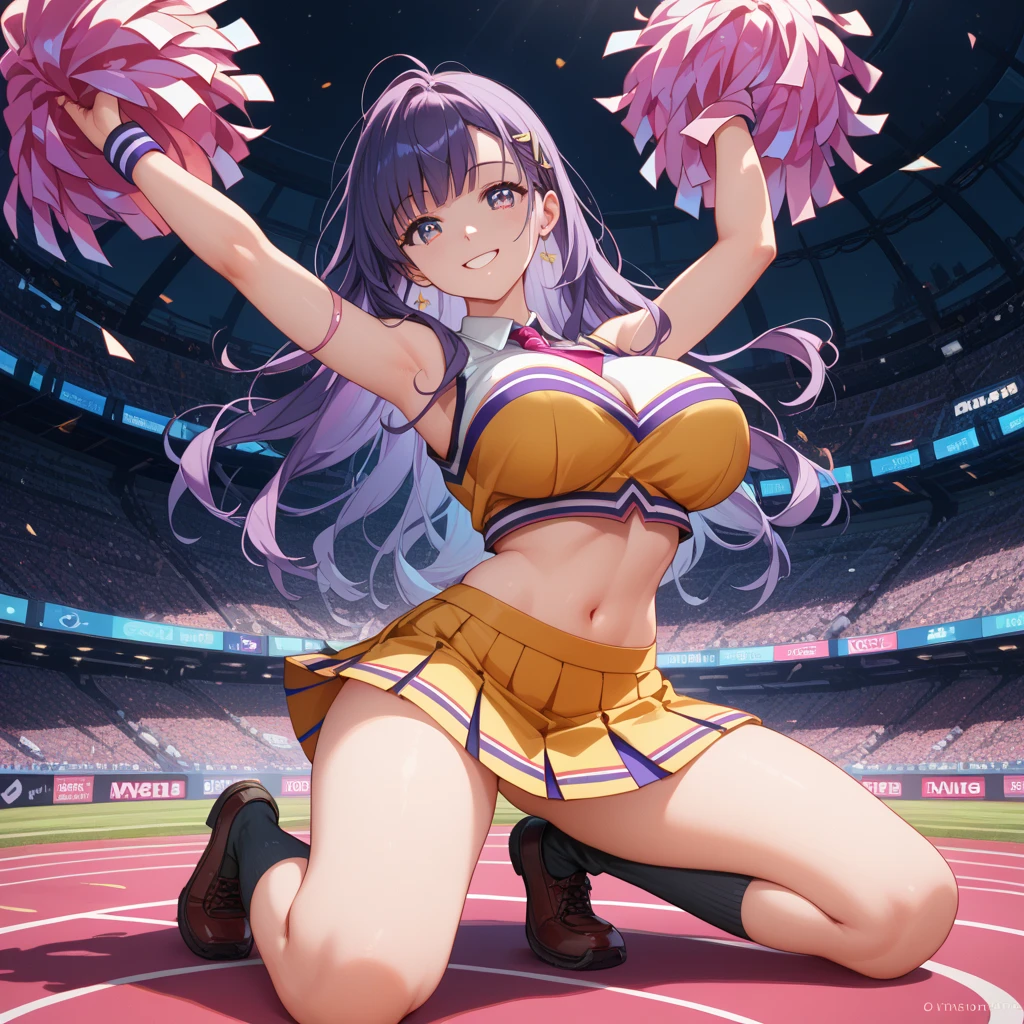 (((Wolf ))),(((Wolf girl))),anthro dog girl, body fur,cheerleader,HD,sharp,beautiful and detailed,woman ((anthro)),subdued Lavender color skin, ((long purple hair)),(((ojou curls))),(A woman sweating and dancing vigorously with her legs up:1.3)、(teal cheerleading miniskirt:1.2)、(holding a pom pom:1.2)、Cute smile with open mouth、(white sleeveless cheerleading shirt:1.4)、(White panties visible through the skirt)、(Stand on one leg:1.3),(holding pom poms:1.2), full body view, (detailed fluffy), spread legs,(laugh),
(stadium stands),cowboy shot,dynamic pose,zettai ryouiki,skirt lift,white panties,dynamic angle,,by dr comet,by pochincoff, by jlullaby,by kingbang,by sparrow,by ZeroQrisu,