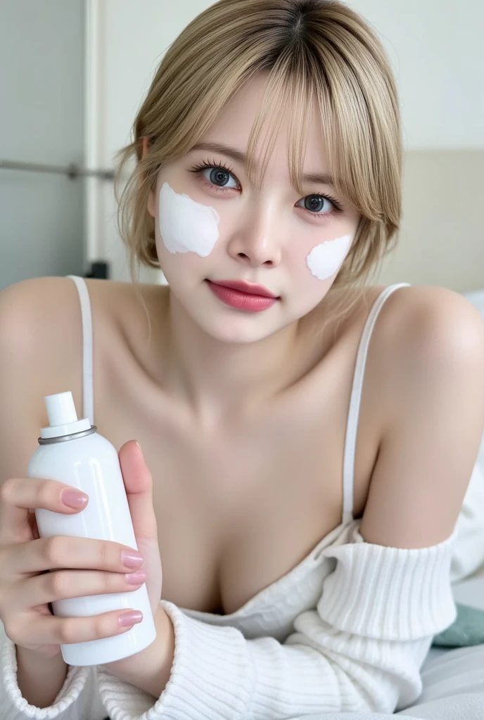 high quality, detailed,a girl with white water drops on her face.she is taking a shower,lots of white water droplets.(at night:2.0),green eyes.she is 13 years old japanese bitch gal,prostitute,she has a mole under her eye,(((smallest breasts:1))),(wearing long sleeve white oversized t-shirt dress,offshoulder,very very wet thin fabric shirt,),blunt bangs,((blonde wavy hair,very wet hair and wet face,shiny face)),slender,face up,nipples,temptation,((lying face up in bed:1.3))
((she opens her mouth wide enough to see her teeth:1.3,can see her sharp fangs :1.2,her cheeks are very red))smile
(((detailed:1,used condoms scattered on the bed:1.3)))