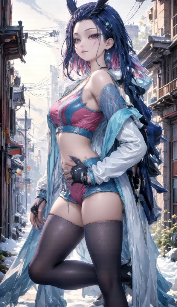 (Best Quality, 8k, 32k, Masterpiece, UHD: 1.5), Photo of Attractive Japanese Woman, 1 Girl, (Gigantic Breasts: 1.2), (Short wavy hair), Abs, Perfect Body, Ultra Detailed Face, Detailed Lips, Thin Eyes, Double Eyelids, (Seductive), ((Excited: 1.5)), Beautiful, Exceptional Woman, Open Legs, Beautiful and Extremely Detailed Eyes, Cartoon Style, Anime Style, With Blue Hair, Wearing Samurai Clothes, digital drawing and colorful city in the background, sexual expression, long legs, ((hand in panties))