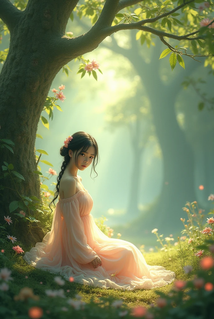 32k, Masterpiece, Highest quality, One girl, Detailed eyes, flower,Sandersonia, Pink and brown style,A dreamy, romantic piece,Pale pink, Mysterious Leaves,A playful arrangement,Fantasy,High Contrast,Ink strokes,explosion,Exposure, Impression of pink and brown tones,Abstract,((Watercolours by John Berkey and Jeremy Mann )) Brush strokes,Negative Space, Tyndall effect,