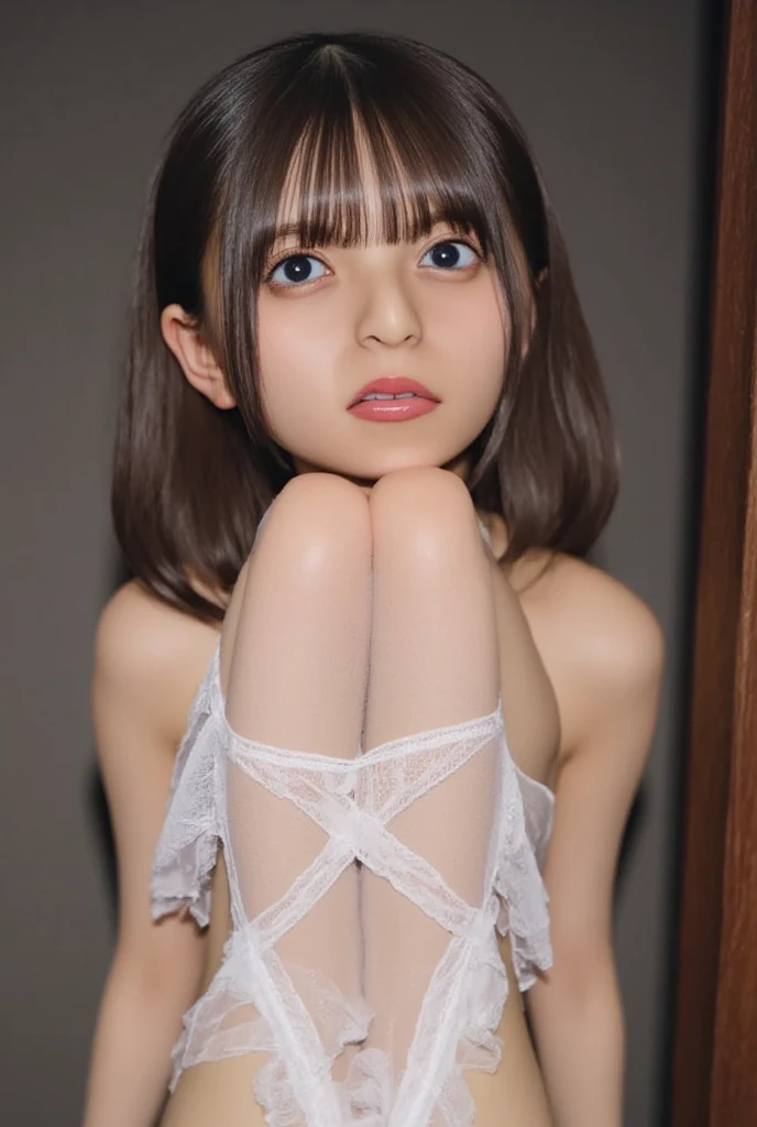 Japanese,Subjective、Beautiful 6 years old,Baby Face、Upper body image、Ultra-flat chest:1.85、Ultra short height、An innocent smile、Flat Chestのクローズアップ、Flat Chest:1.85、cute,Primary school students,clavicle、Primary school studentsの私服、Summer clothes、So small and so young、Image from below、On the bed:1.85、She has her arms open wide waiting for a hug:1.85、Big frilly ribbon:1.85、Strong motherhood、She kisses me with her tongue out:1.85、Knee pillow、blush、Open your mouth wide、See-through clothing:1.85