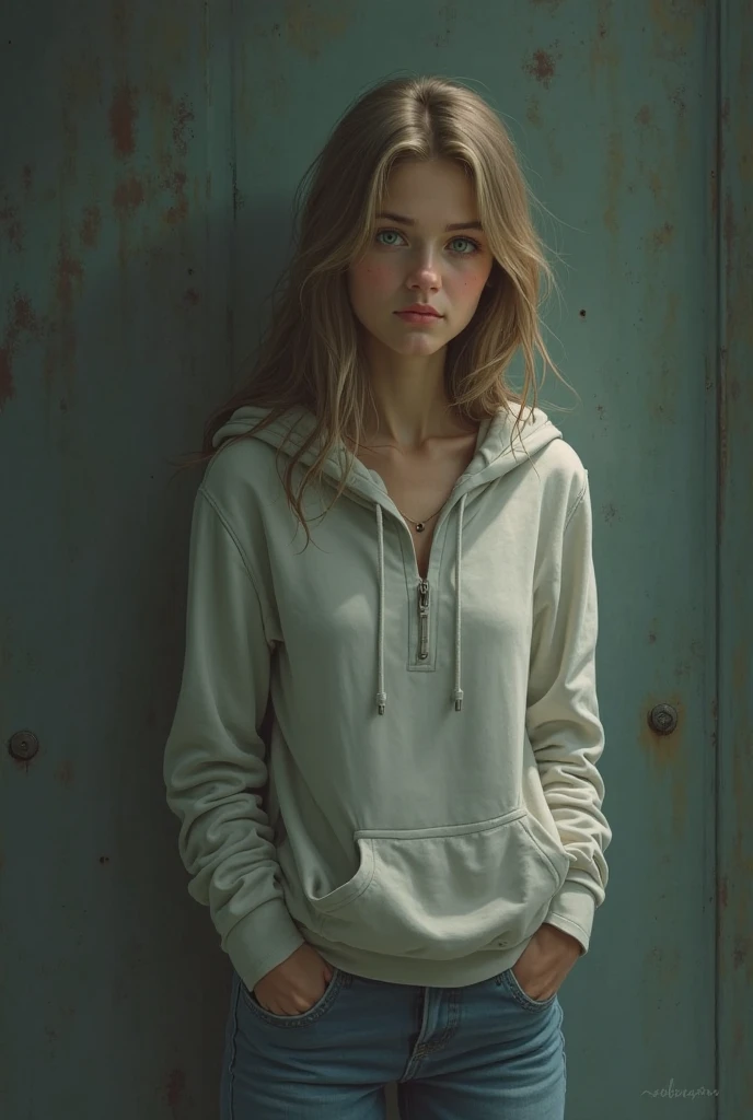 raw photo, 8k, (top-quality), Realistic, (real picture, Intricate details), (natural skin texture, detailed skin, hyper realism, sharpness), (Japanese teenage girl in a dirty back alley at night, hands in pocket, graffitied wall:1.3), ((white hoodie, sleeveless, white jersey pants)), (flat chest:1.3, pale skin:1.2, slender body), ((blonde straight hair, blunt bangs)), (seductive face, provocative look, Parted lips:1.3, eye bag:1.2, red thick lips), graffiti:1.5, night time, upper body shot