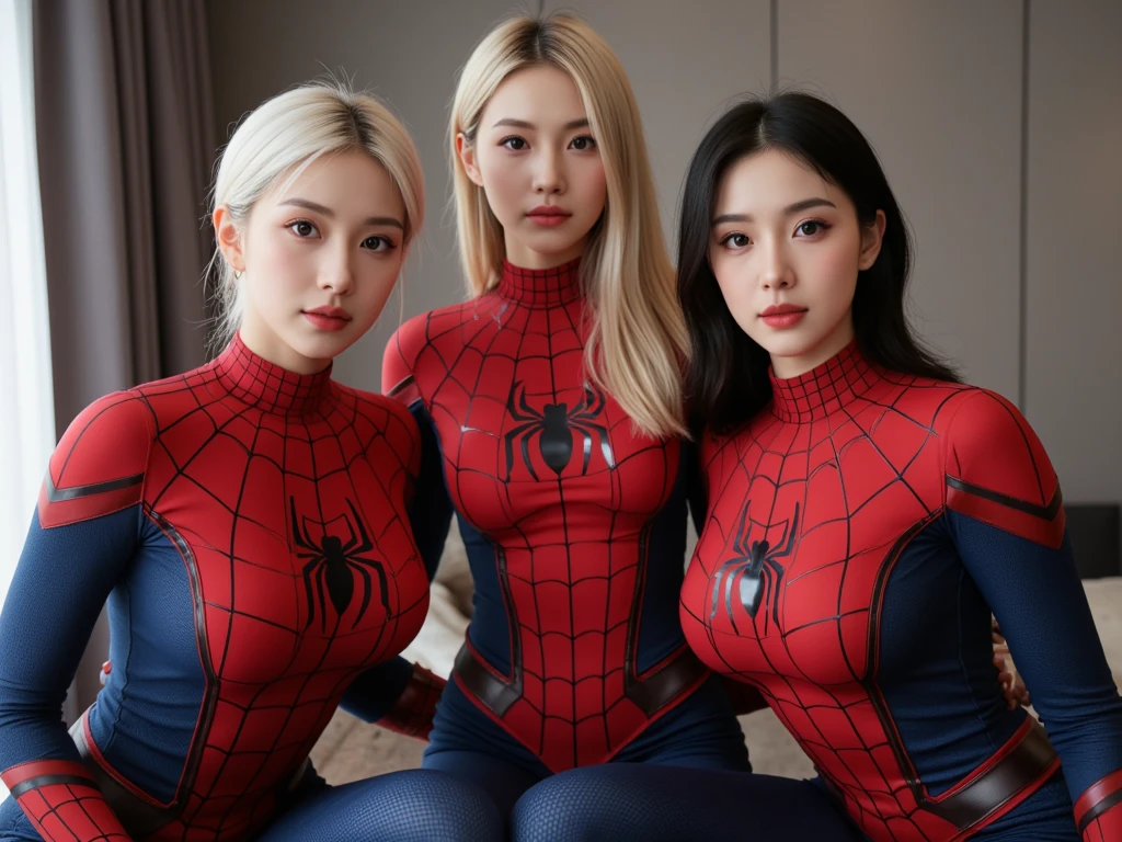 Woman body defined large breasts, costume dress of spider man