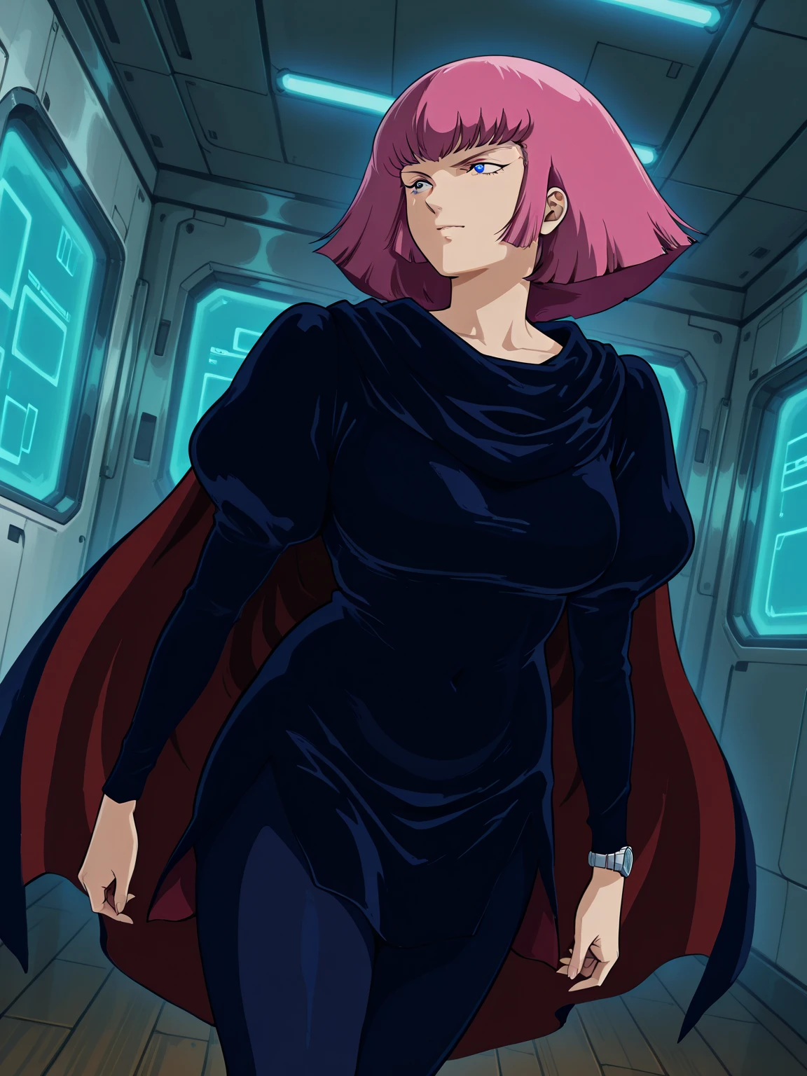 masterpiece, high quality, solo, looking down, 
haman_karn,1woman, pink hair, short hair, sidelocks, bangs, eyebrows, blue eyes,
collarbone, cape, black dress, puff sleeves, long sleeves, juliet sleeves, pantyhose, 
low angle body shot, standing, (crossed arms:1.2), stylish pose, detailed background, Spaceship bridge <lora:hamankarn056:0.5> <lora:spaceship bridge-v1.0:1>
