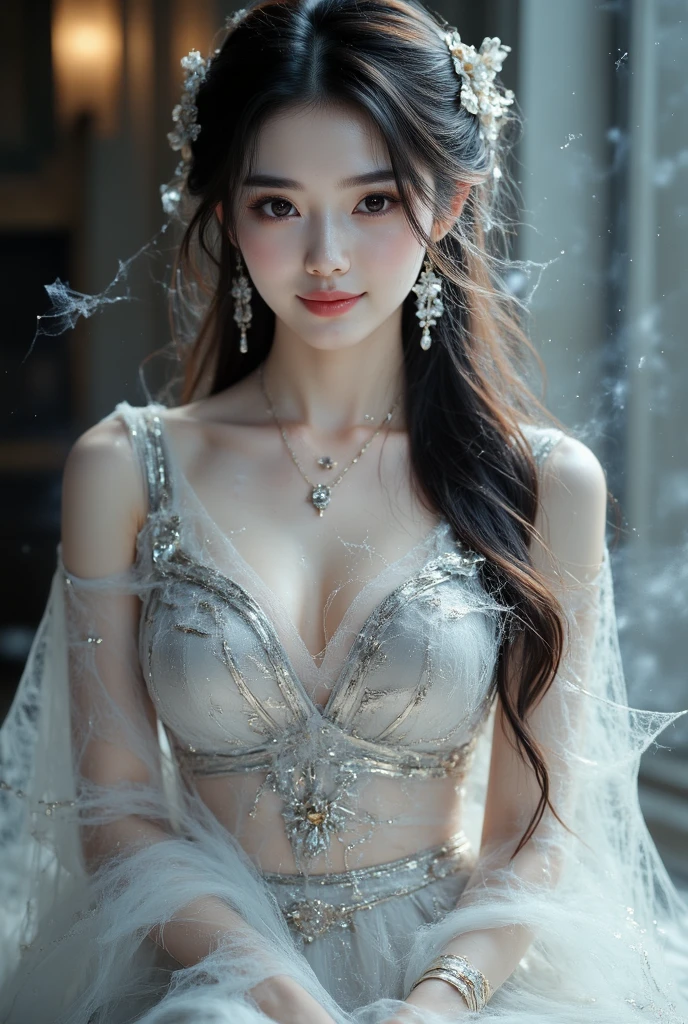 Portrait of a young saint of 20 years old, Saint with a beautiful and super cute face,Wearing a very thin and sexy sheer Ao Dai, Beautiful cute face, There is a deep slit in the chest、Black and white lace trim attractive sheer Ao Dai, Beautiful face without blemish, Lovely smile, ((7 colors of hair length:1.2)), Big Crown, Hair brooch, sheer Hamf Dress, Chinese ancient style, Full Body Jewelry, The female saint's chest is round、It's so full,small breast, Innocent face, The most beautiful and detailed pale lipstick, ((thin plump lips:0.3)), Delicate pink and white eyes (White and detailed) Cinematic, Light and Darkness, Dramatic Lighting, magical light, Highly detailed light, True Color, Super sharp, Realistic, The 8k quality, Fantasy universe background, Saints and magical spaces, The most detailed image, Solo, saints
