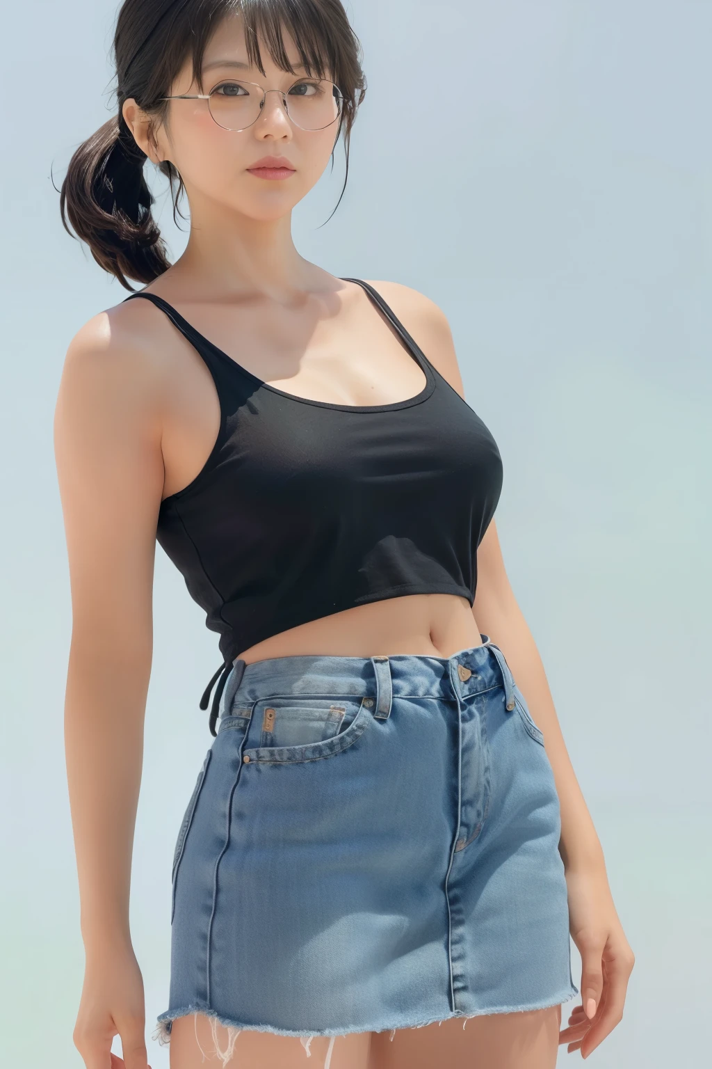 (nsfw:1.1), full body, 30-year-old Japanese woman, glasses, low ponytail, bangs, tank top, denim skirt, small breasts, UHD, masterpiece, accurate, textured skin, super detail, best quality, simple background,