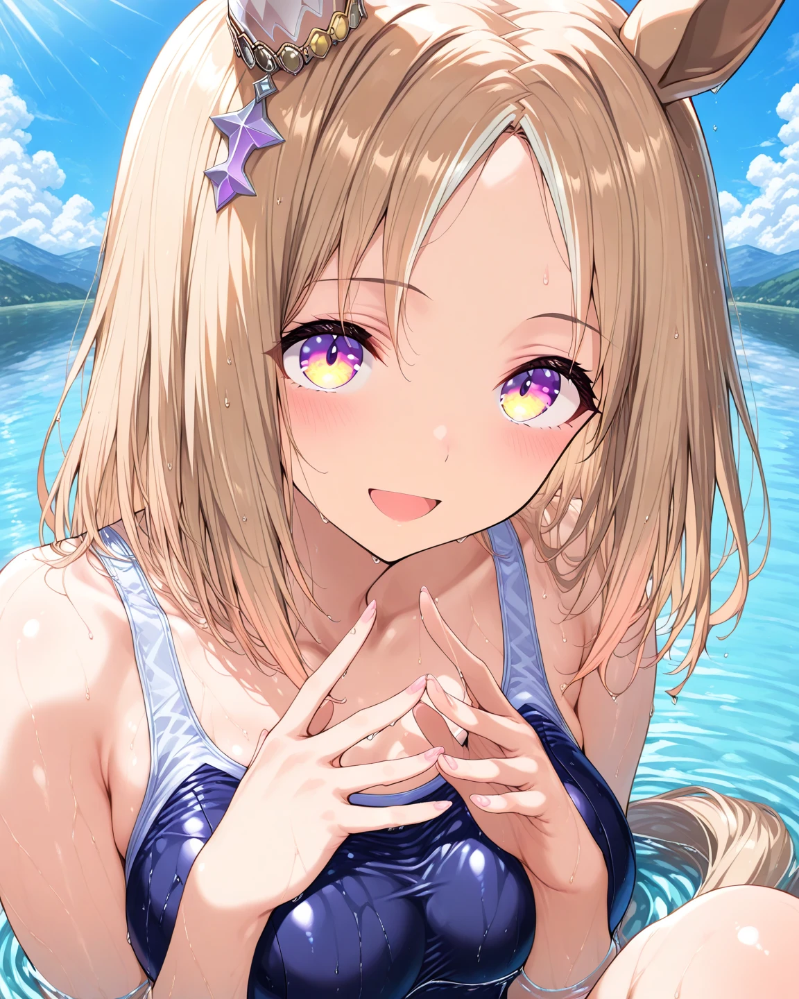 ((Highest quality、、masterpiece:1.3)), Upper Body、Long legs、Sharp focus:1.2, Beautiful woman with perfect figure:1.4、(Smiling:1.2), double eyelid、30-year-old female、Sexy pose、((((Close your mouth、One Woman、bikini)))),(((((one women,poolside:1.5)))))
